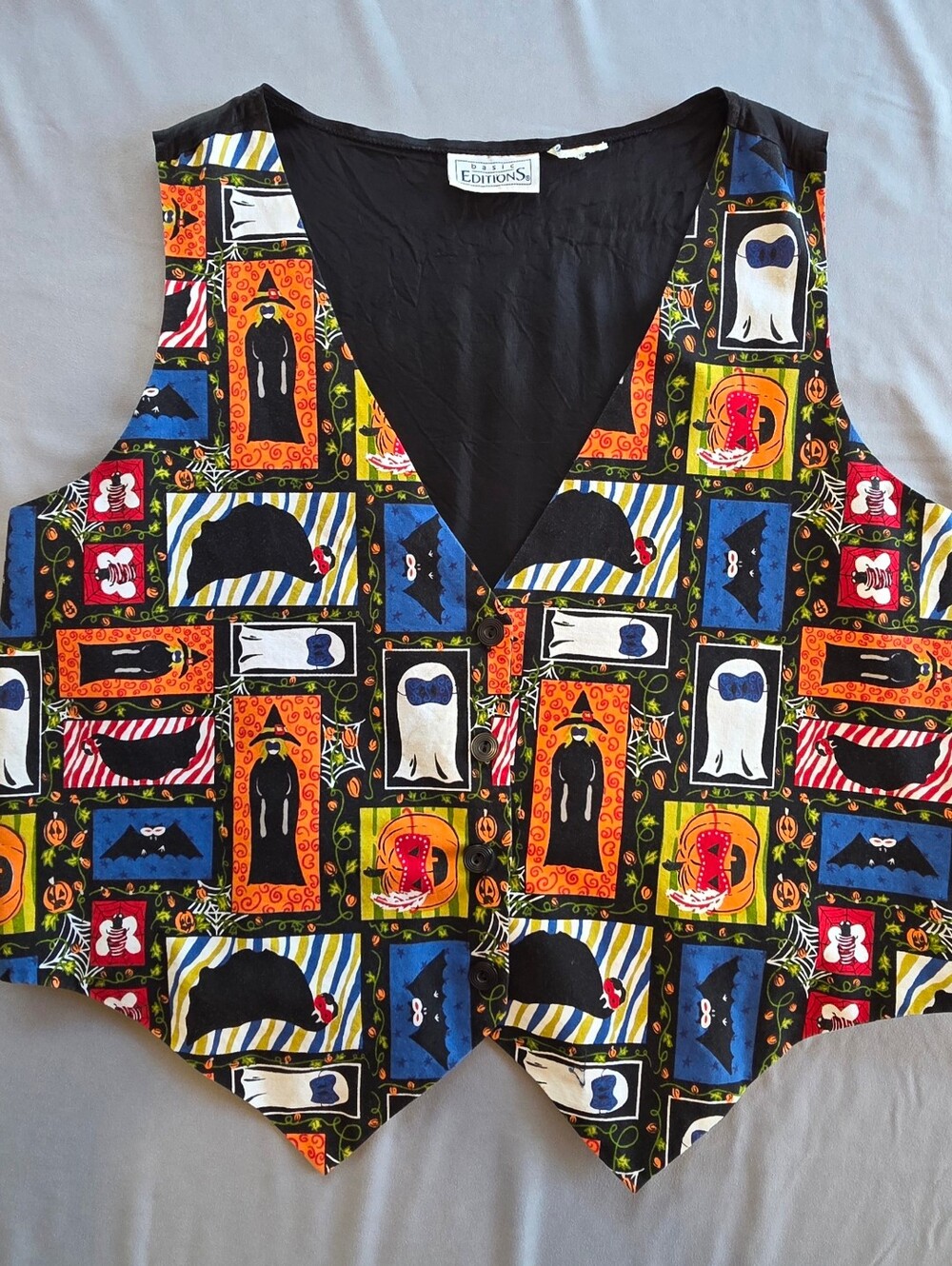 Vintage Basic Editions Black Halloween Patchwork Vest M Fit